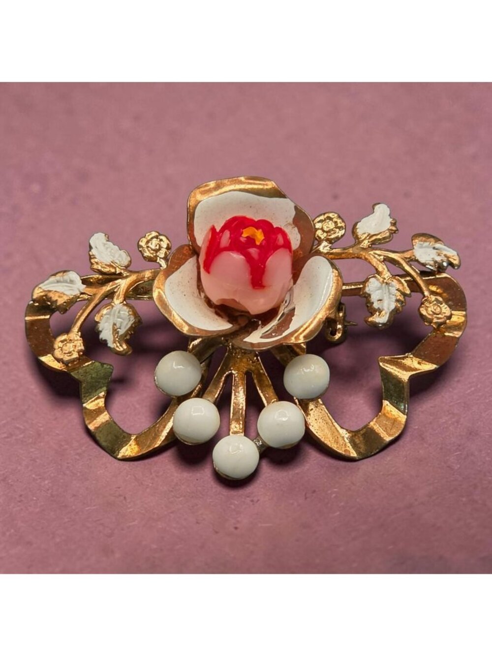 Vintage Gold-Tone Floral Brooch Enamel Details Milk Glass Accents